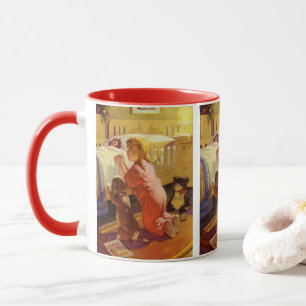 Gebetszeit vor dem Schlafengehen, Mädchen mit Welp Tasse
