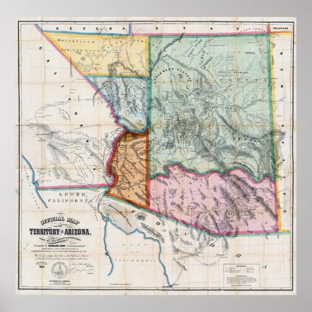 GEBIET ARIZONA MAP 1865 POSTER (Vorne)