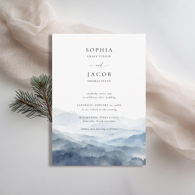 Gebirge Blick dutzy Blue Ridge Romantische Hochzei Einladung (mountains wedding invitation rustic outdoors blue ridge apalachian watercolor scene modern classy)