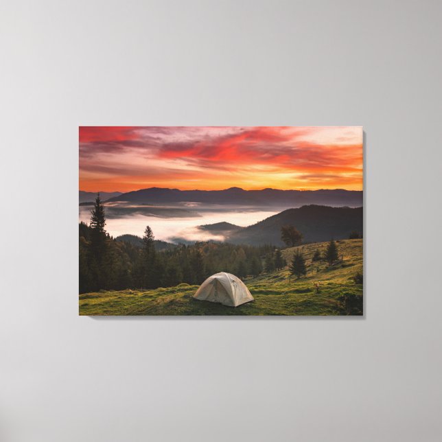 Gebirge | Camping Foggy Sunrise Leinwanddruck (Vorderseite)