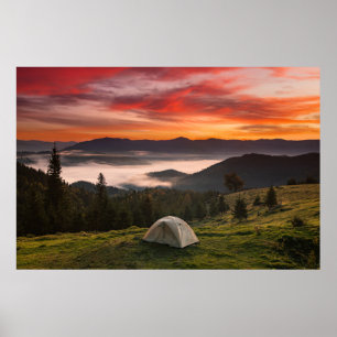 Gebirge Camping Foggy Sunrise Poster