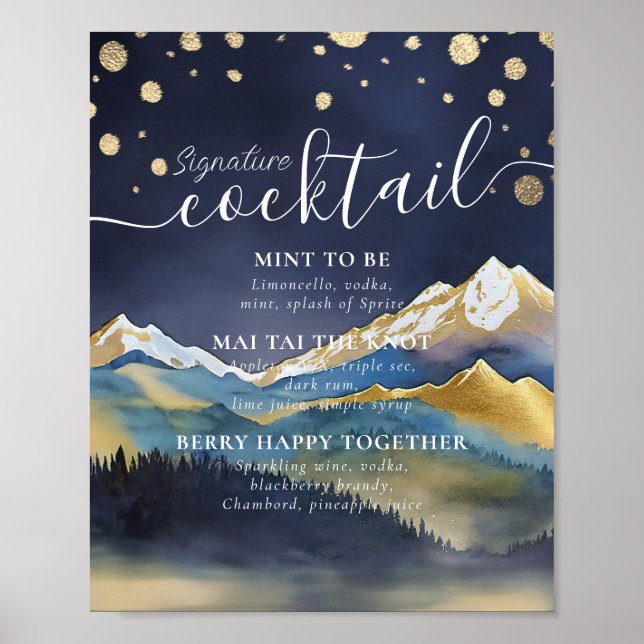 Gebirge Hochzeitssignatur Cocktails Getränke Menü Poster (Vorne)