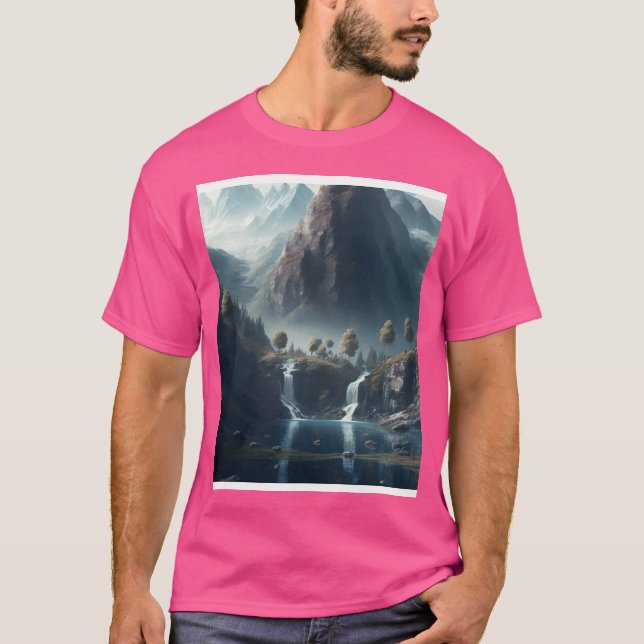 Gebirge mit Wasserfällen und Kleidermauern Art Gra T-Shirt (Vorderseite)