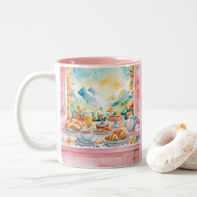 Gebirge Rosa Wasserfarben Frühstück Niedlich Reise Zweifarbige Tasse (Mit Donut)