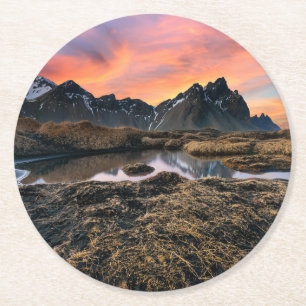 Gebirge   Vesturhorn Mountain Island Runder Pappuntersetzer