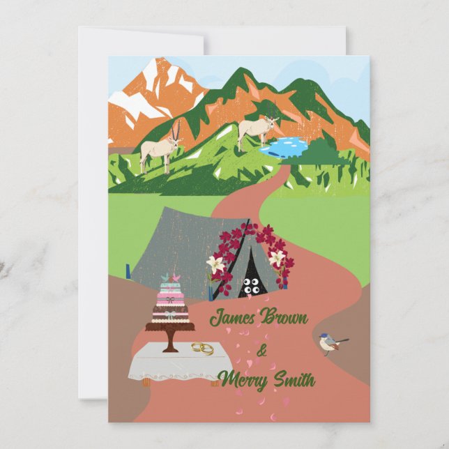 Gebirge Zelt Augen Kuchen Ringe Tiere Hochzeit Einladung (Vorderseite)
