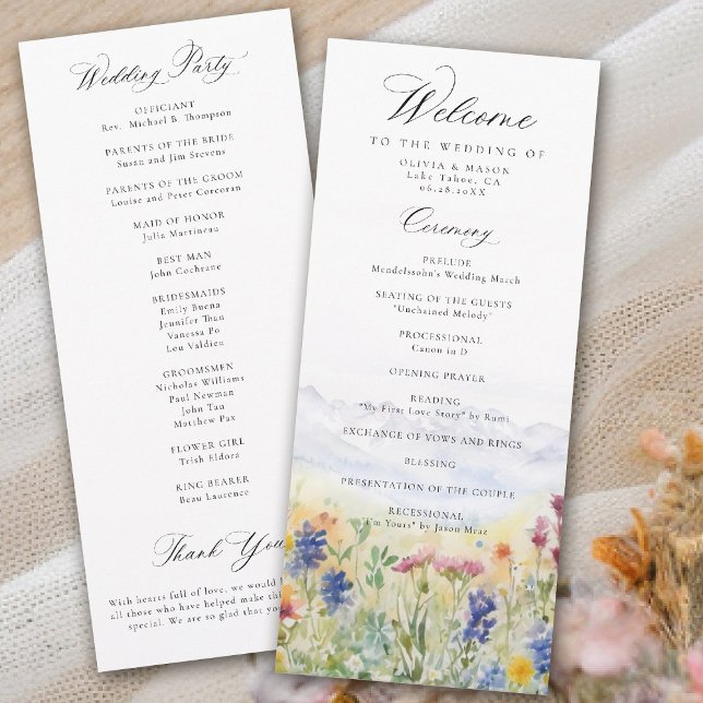 Gebirgs-Wildblumen-Wiesen-Hochzeitsprogramm (mountains wedding program wildflowers meadow floral watercolor modern elegant rustic romantic)