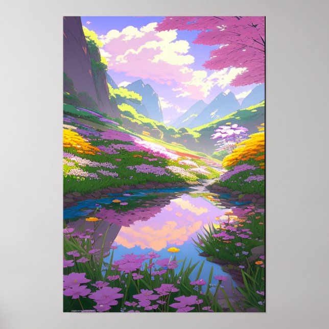 Gebirgsbach, farbenfrohe, von Blume umgebene Flüss Poster (Vorne)