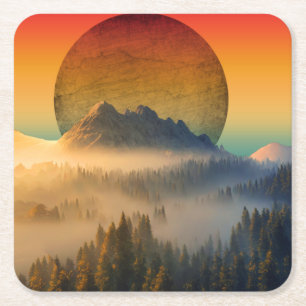 GEBIRGSDAMMERUNG WALD NATUR SONNENUNTERGANG LANDSC RECHTECKIGER PAPPUNTERSETZER