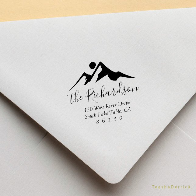 Gebirgskitzel Sonnenaufgang Rücksendeadresse Selbs Gummistempel (Modern Rustic Mountain Sketch Return Address Rubber Stamp Sun Sunrise Sunset)