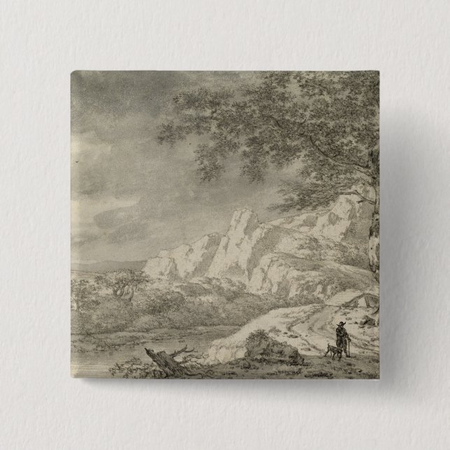 Gebirgslandschaft mit einem Wanderer Button (Vorderseite)