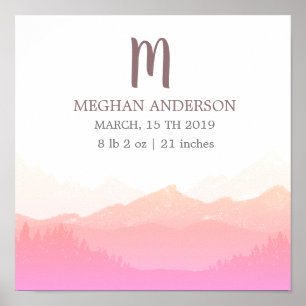 Gebirgsrosa   Personalisiertes Baby Birth Poster