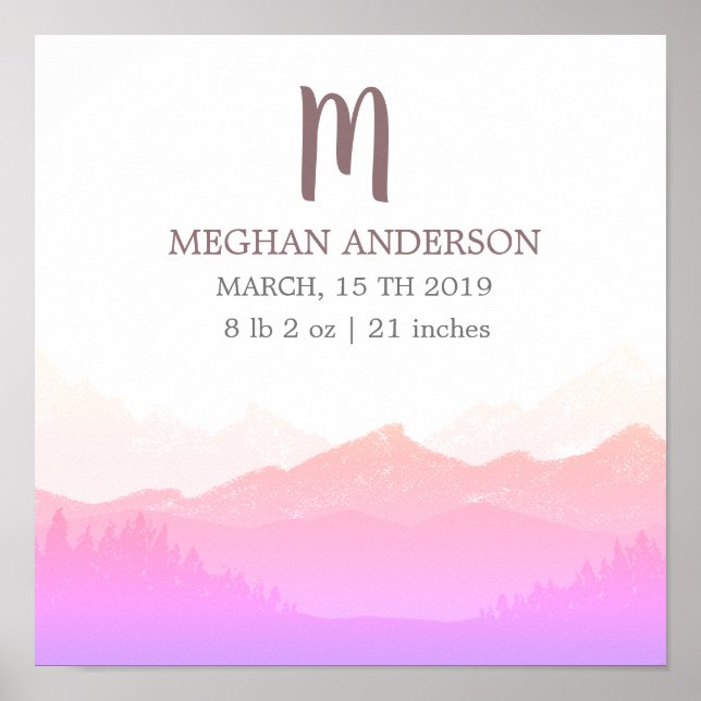 Gebirgsrosa | Personalisiertes Baby Birth Poster (Vorne)