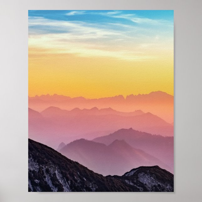 Gebirgssonnenaufgang Friedlich farbenfroh inspirie Poster (Vorne)