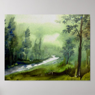 Gebirgswald - Aquarell auf Papiermalerei Poster