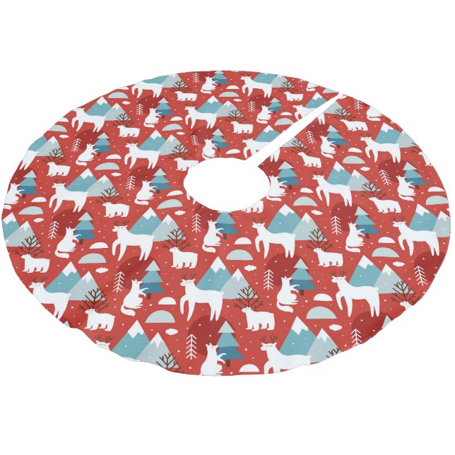 Gebirgswelt Rot und Blau Muster Polyester Weihnachtsbaumdecke (Schrägansicht)