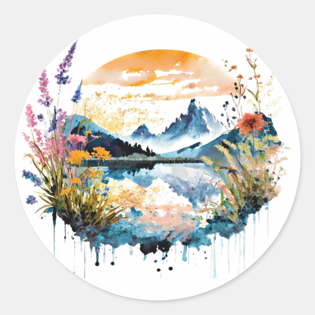 Gebirgszene Watercolor Runder Aufkleber (Vorderseite)