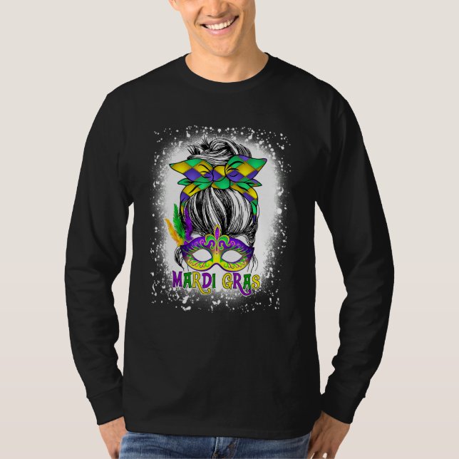 gebleicht Frauen Messy Bun Mardi Gras Feathered Ma T-Shirt (Vorderseite)