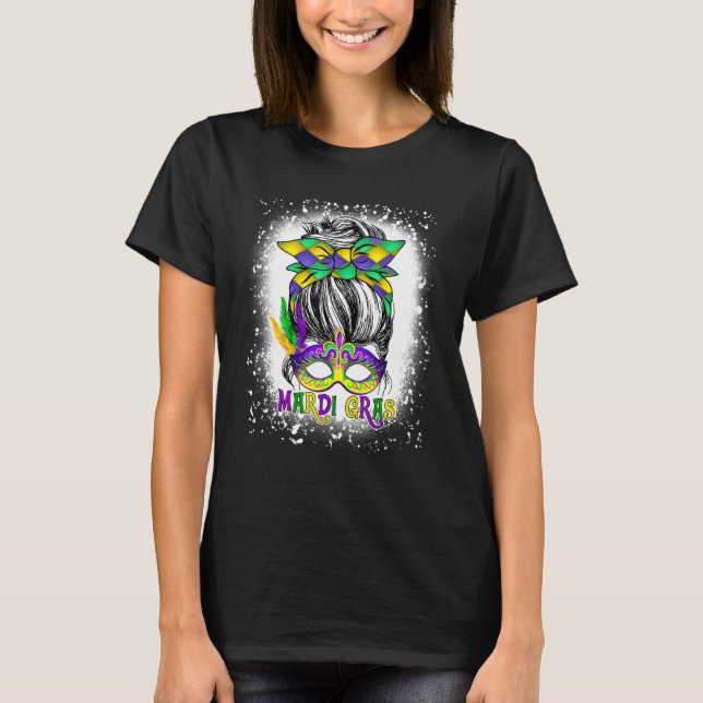 gebleicht Frauen Messy Bun Mardi Gras Feathered Ma T-Shirt (Vorderseite)