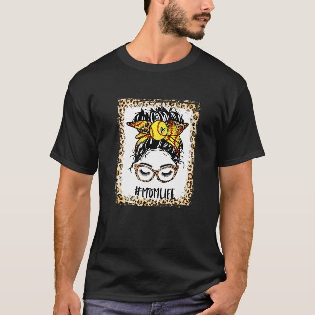 gebleicht Softball Mama Messy Bun Game Day Mütter  T-Shirt (Vorderseite)