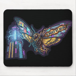 Geblendet von Neon – Cyberpunk-Mottenstadtlichter Mousepad