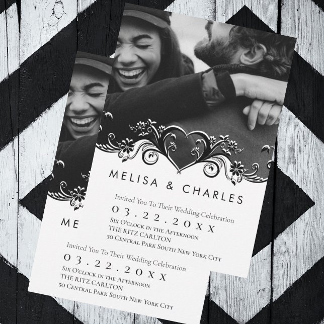 Geblüht Foto Einladung (Black and white custom photo with white flourish monogram wedding invitation)