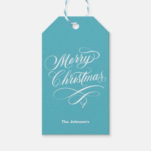 Geblüht Kalligrafie Frohe Weihnachten Aquamarin Geschenkanhänger (Vorderseite)