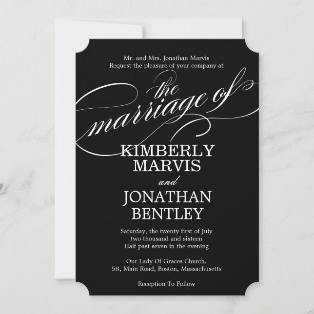 Geblüht Text Vintage Hochzeit Einladung in Schwarz (Vorderseite)