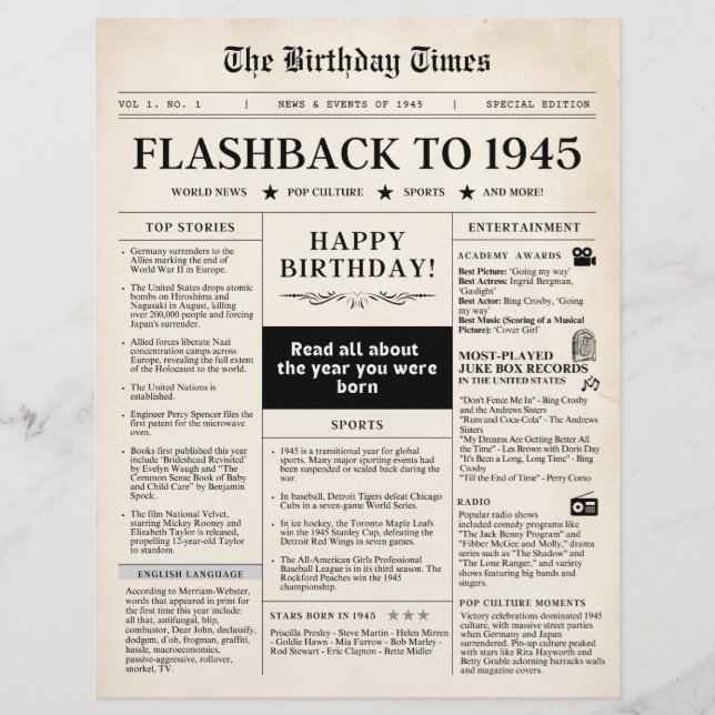 Geboren 1945 Mock Newspaper sepia (Vorderseite)