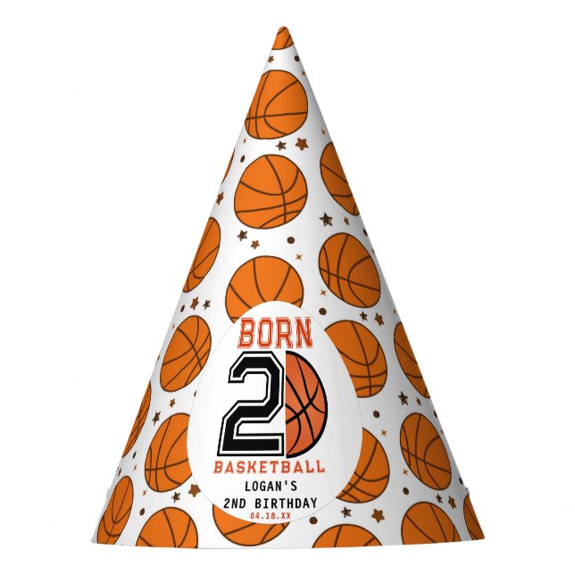 Geboren 2 Ball Basketball 2. Geburtstag Partyhütchen (Vorderseite)