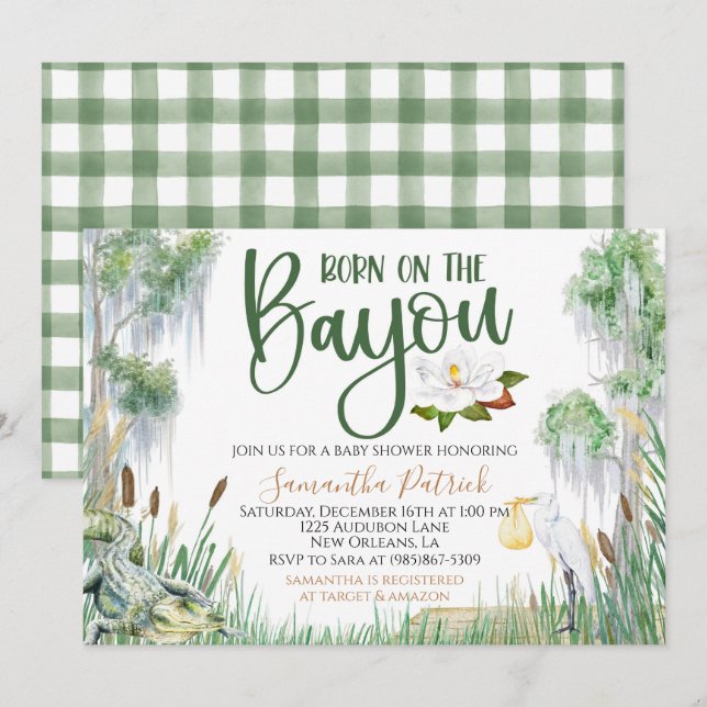 Geboren auf der Bayou Swamp Baby Dusche Einladung (Vorne/Hinten)