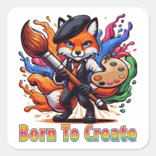 Geboren um Künstler Fox Painter Maskottchen Farbig Quadratischer Aufkleber