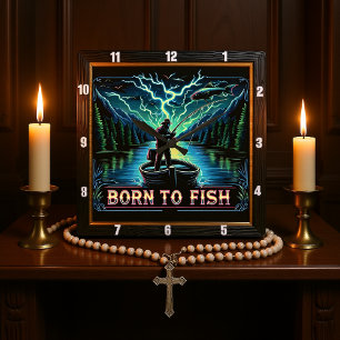 Geboren zum Fischfang Neon Lake Fishing Quadratische Wanduhr