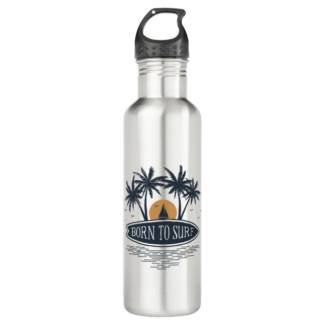 Geboren zum Surfen von Palmen-Bäumen Surfboard Vin Edelstahlflasche (Vorderseite)