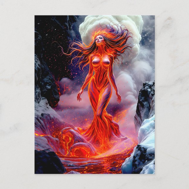 "Geborene des Inferno" - Vulkanweibchen-Portrait Postkarte (Vorderseite)