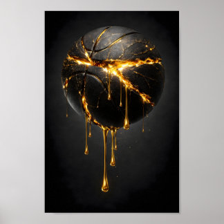 Geborstenes schwarzes Basketball mit tröpfelndem f Poster