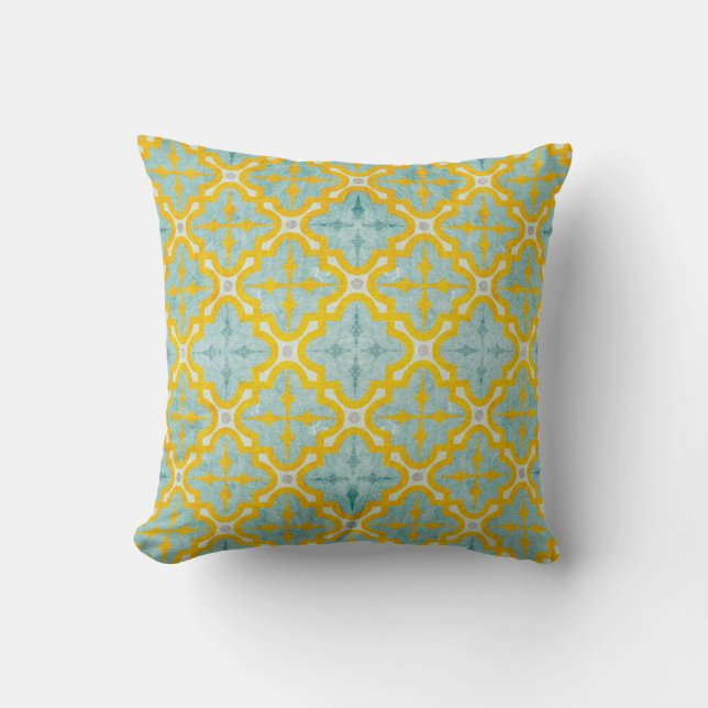 Gebräuchliche Batik im zweiseitigen Blau- und Gelb Kissen (Vorderseite)