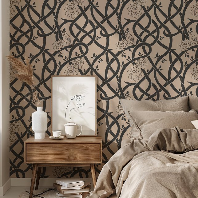 Gebundene Eleganz: Schwarzer und Beige Blütenvogel Tapete (Von Creator hochgeladen)