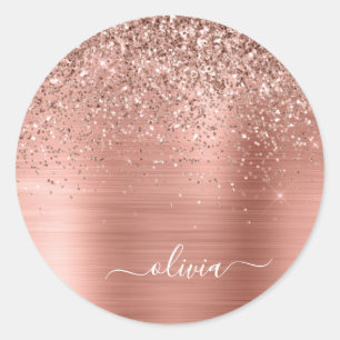 Gebürstete Metall-Roségold-Pink-Glitter-Monogramm Runder Aufkleber