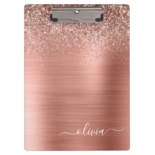 Gebürstetes Metall Roségold Rosa Glitter Monogramm Klemmbrett