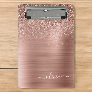 Gebürstetes Metall Roségold Rosa Glitter Monogramm Mini Klemmbrett