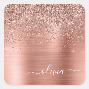 Gebürstetes Metall Roségold Rosa Glitter Monogramm Quadratischer Aufkleber
