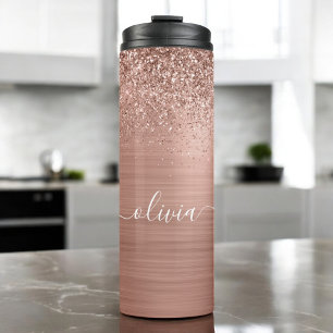 Gebürstetes Metall Roségold Rosa Glitter Monogramm Thermosbecher