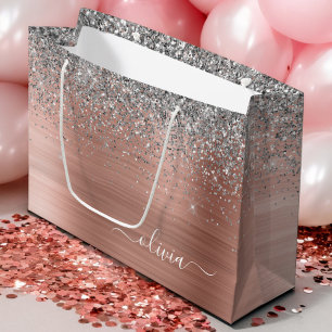 Gebürstetes Metall Roségold Silber Glitter Monogra Große Geschenktüte