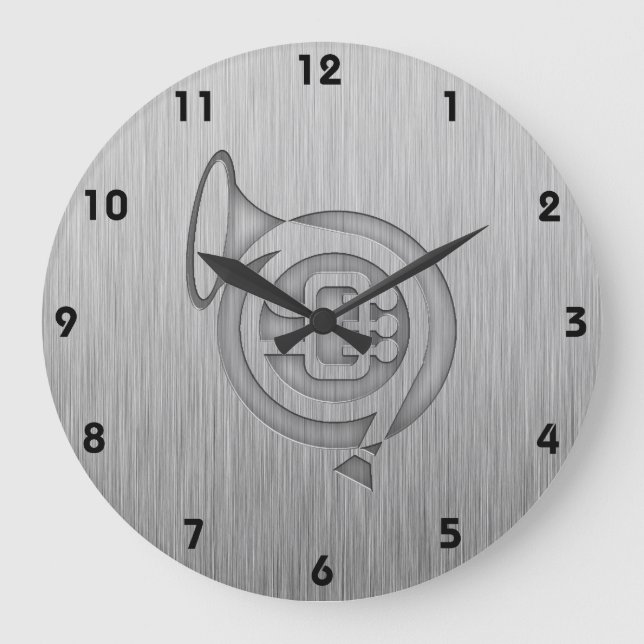 Gebürstetes Metallblick französisches Horn Große Wanduhr (Vorderseite)