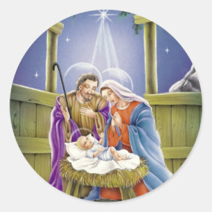 Geburt Christi von Jesus mit Josef und Mary Runder Aufkleber