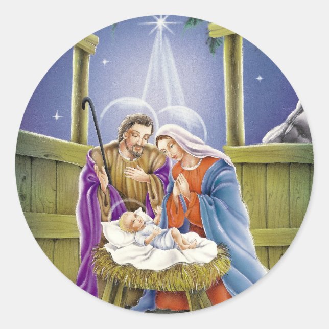 Geburt Christi von Jesus mit Josef und Mary Runder Aufkleber (Vorderseite)