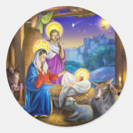 Geburt Jesu mit Josef und Maria, Kühe, Esel Runder Aufkleber