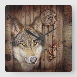 Gebürtiger Ureinwohnerwolf des Westerntraumfänge Quadratische Wanduhr