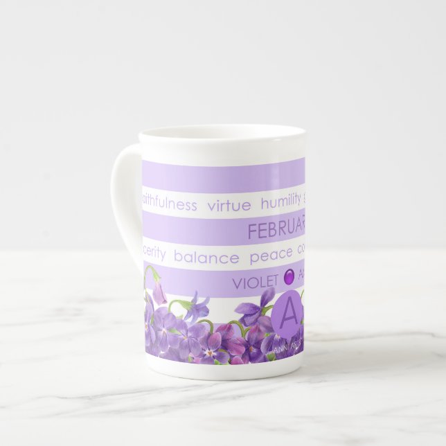 Geburts-Blume und Edelstein-Streifen-Tasse Februar Prozellantasse (Vorderseite Links)